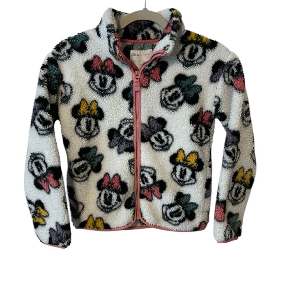 Disney Minnie Mouse Sherpa Zip Up Sweater Jacket Coat White Pink Trim Kid Size 8 - Picture 1 of 6